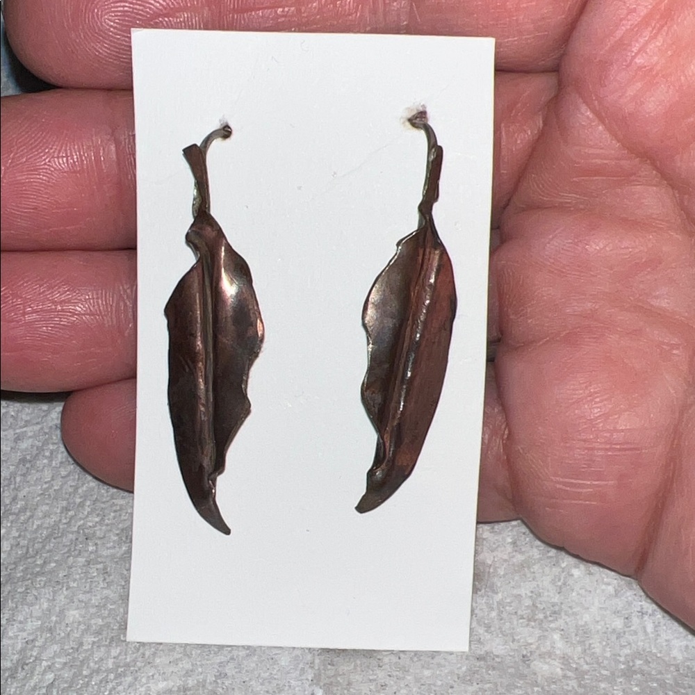 Hand forged Copper & Silver leaf dangle earrings